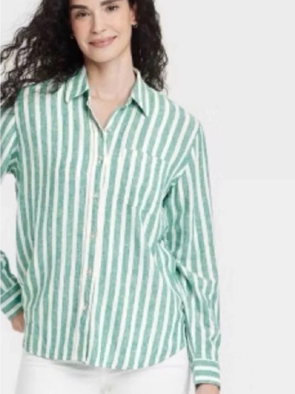 New Universal Thread Stripe Relaxed Fit Linen Blend Button Up Shirt SZ L Green